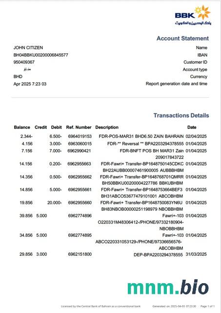Bahrain National Bank of Bahrain konto statement szablon Worda i PDF